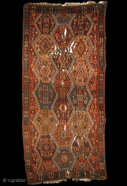 Kagizman kilim, mid 19th century, East-Anatolia, 340x165cm. Nice non symmetrical, early balanced palette with deep and saturated colors included different kind of early aubergine! Beautiful red, mauve, turquoise, indigo, light creamy brown  ...