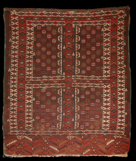 Yomud Ensi, Turkmenistan, mid 19th century, wool on wool with brilliant colors.
Super graphic drawing,wonderful bottom design with wonderful life of trees with horns on their top, known from mihrab's head on the  ...