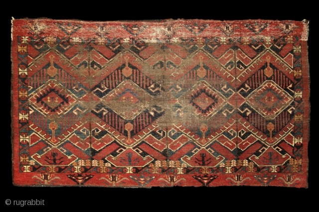 Beshir chuval, ca. 1850, wonderful colors, and super graphic, large scaling, rare ikat-like pattern, worn overall, worn overall, has seen more centuries, but still glorious, full with history, just like an old  ...