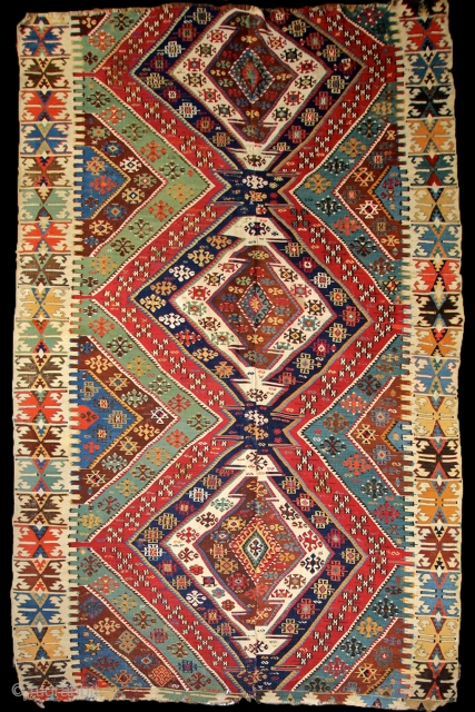 Malatya - Rashwan kilim, 175x320 cm, mid. 19th century
Perfect, very deeply saturated, all natural colors, fresh turquoise greens, perfect deep indigo and more different blue, yellow, red and so on...
full anatolian color  ...