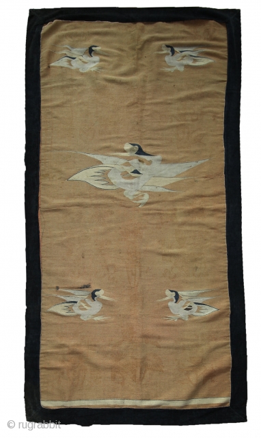 Mongolian kilim, 1850-1900, 135x260cm, wool on wool with very fine, paper thin tapestry-like weaving, some small, tiny damage in the weaving, otherwise good overall condition. Light, printed (brown henna?) drawing between the  ...