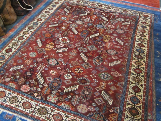 6'2" x 7'8" Antique Shekarlu Qashqai rug. Circa 1860. Condition: excellent. 90% medium-full pile, no foundation showing. No repairs, moth damage or issues. Only a few small areas where the pile is  ...