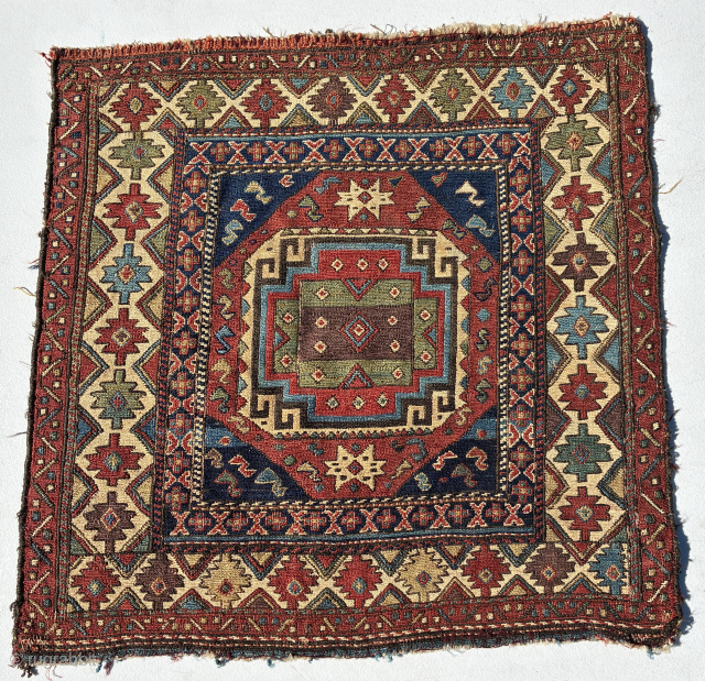 Shahsavan sumak khorjin face, 60 x 60 cms, excellent natural colours and wool, no repairs, the white areas are cotton. Email: peparethos@xsmail.com