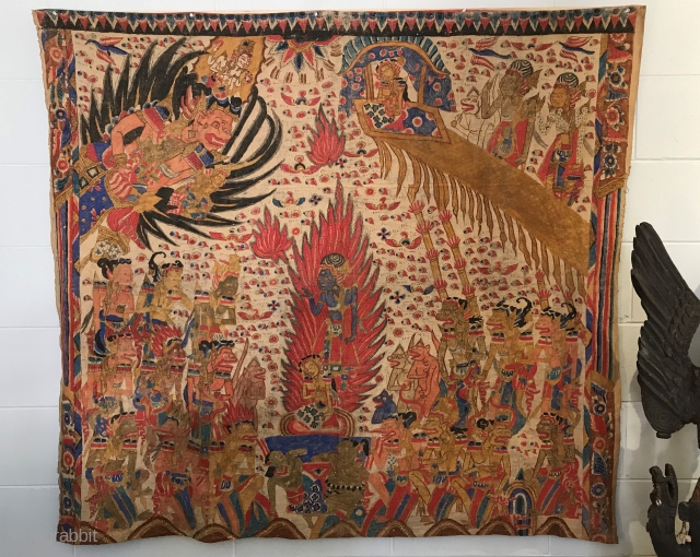 Balinese temple painting on fabric
Description: appears to depict Sita’s fire ordeal, a scene from the Hindu epic, the Ramayana, in which Sita, after returning from a long period of captivity, is reunited  ...