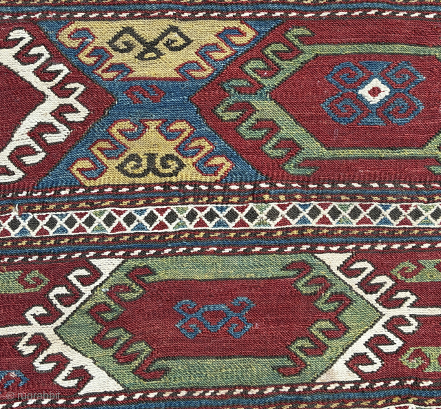 NW Persian sumak mafrash long panel, 97 x 47 cms, lots of green, a couple of well done repairs. Email: peparethos@xsmail.com
