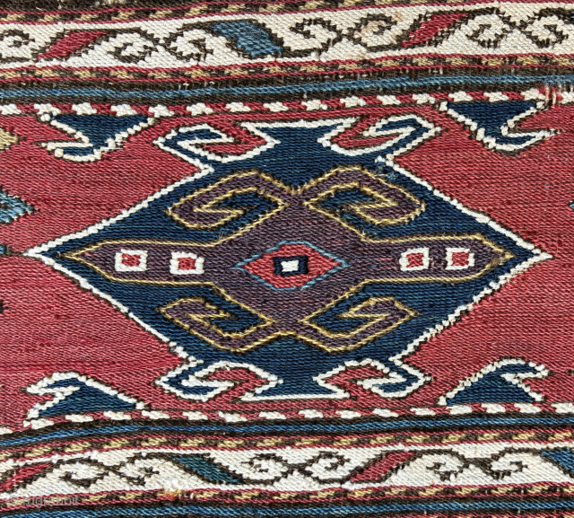 Shahsavan mafrash end panel, sumak, 52 x 47 cm, some nice aubergine, no repairs. Email: peparethos@xsmail.com