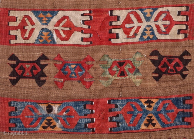 Anatolian kilim fragment circa 19th century, extensive use of camel wool, vibrant natural colours, various losses and damage as apparent in the images, securing done for washing still in place, 366 x  ...