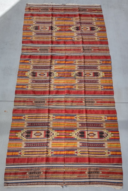 Aleppo kilim, woven in two parts, extensive use of metal threads, two small holes, small area of stains, condition as shown in further images on request, 320 x 142 cms. Email: peparethos@xsmail.com 
