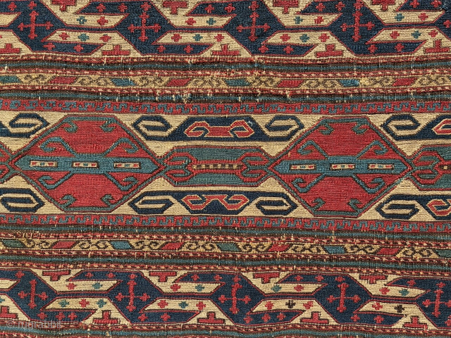 Shahsavan sumak mafrash side panel, finely drawn and woven, good age and colours, some professional repairs (see image of the back - the repairs have been intentionally left untrimmed). 104 x 42 ...
