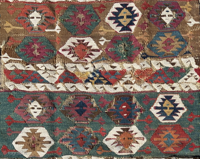 Anatolian kilim fragments x 2, each about 160 x 58 cms.                      