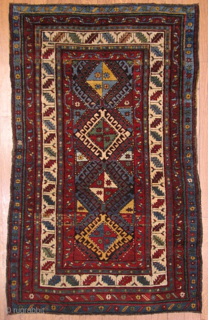 Shulaver, Caucasus, late 19th century. 2,00 x 1,12 m.
Original and even pile length everywhere, original edges, endings are just a little bit incomplete, negligible and tiny spots of old repairs. Price on  ...