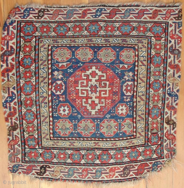 First of a Pair of Shahsavan Sumak Bags with a central octagon and eight-pointed stars. True blue background and great color range including an abrashed green, several lighter blues, red, rose and  ...