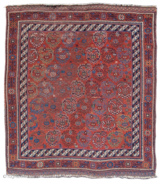 Afshar rug: Colorful diagonal rows of 'boteh' paisleys are formed from wispy flowering plants against the saturated ochre ground of this Afshar rug. The 'boteh' forms are drawn freely, more as tracery,  ...