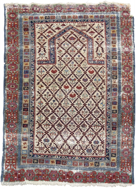 Shirvan prayer rug, worn but with an early date, 1240 or 1824/5. 3'4" x 4'4                  