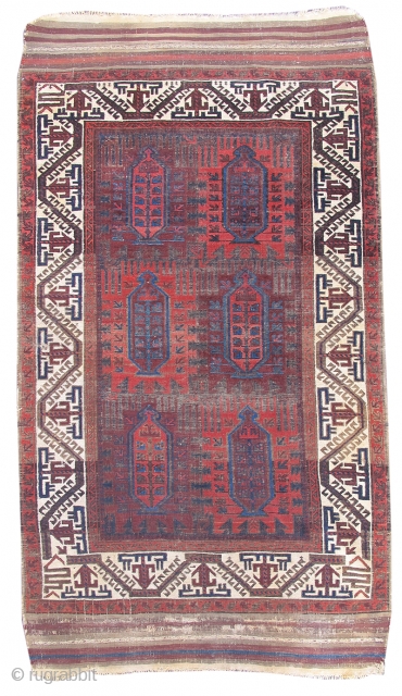 Baluch rug,
3'7"x6'3"
Inv# 16925
Areas of wear primarily in oxidized browns. Small hole, distressed area on selvedge and on one kilim end.             