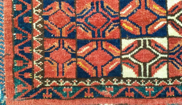 Bashir or Middle Amu Darya Area torba or trapping. Large scale repeat geometric drawing with natural colors and lustrous wool pile. Cotton weft including some blue cotton at top. 
1'5"×4'2"
Inv#17154   