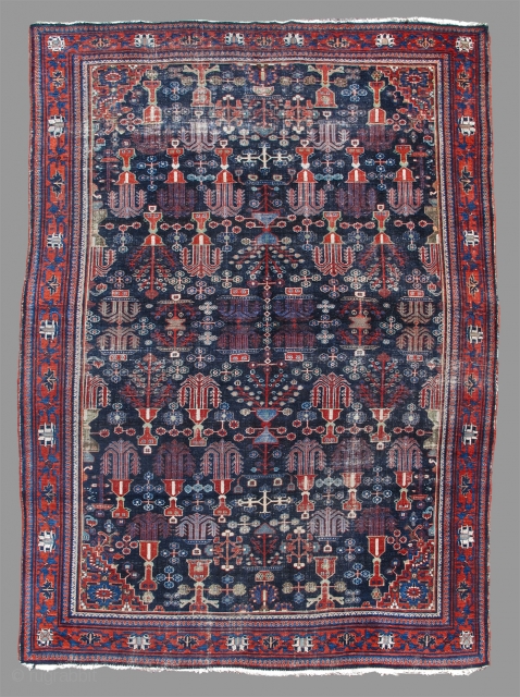 Josheghan Carpet with alternating shrubs in vases all-over field. Natural dyes including deep indigo and vibrant madder red. Areas of wear throughout but still very viable.
7' 8" x 10' 4"   