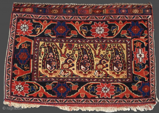 Afshar Bagface, South Persia, 2'0'' x 2'11'' circa 1880. Fine drawing of botehs on a yellow ground with a bold border. Excellent condition complete with flat-woven fasteners. Deep saturated natural color, however,  ...
