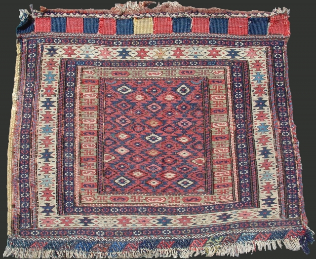 Northwest Persian Sumac bagface, probably Kurdish. Mid 19th century. Very rare design elements on a red field with a colorful intricate border system. The bottom finishes are reminiscent of those of Jaf  ...