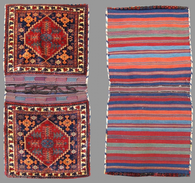 This luxuriant complete set of Khamseh saddle bags or " khorjin " was woven in Southwest Persia using the finest, softest wool available. The colors, all achieved through traditional vegetal dyeing, glisten.  ...