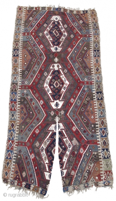 Anatolian kilim, Kurdish region, with nice saturated colors, not in perfect condition with some wear and tear. Both cotton and wool white, a nice madder red is used as well.

5'6""x11'10" 
Inv# 15353  ...