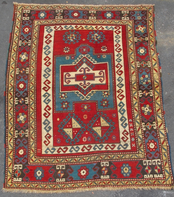 Kazak prayer rug with bold drawing and color. later 19th century, 4'4"×5'6" Inv#19699. Recently acquired, reasonably priced. Good condition with three small areas of overcasting. Otherwise, no surprises.     