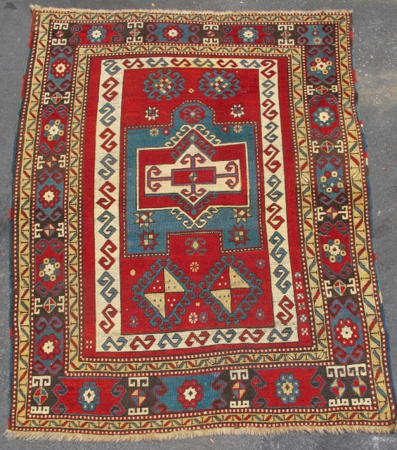 Kazak prayer rug with bold drawing and color. later 19th century, 4'4"×5'6" Inv#19699. Recently acquired, reasonably priced. Good condition with three small areas of overcasting. Otherwise, no surprises.     