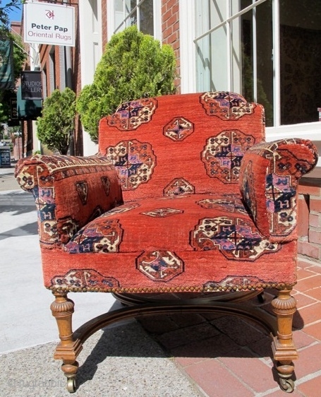 Chair upholstered with fragments from a Salor main carpet. Some of the inner portions are contiguous. The chair is probably late 19th century. The fragments are certainly earlier and were antique when  ...