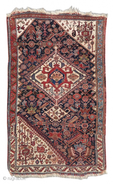 Qashqai Vagireh 
size= 2'7"×4'0" 
Inv# 17857
A 'vagireh,' or sampler, is a small rug containing multiple patterns utilized by weavers to make larger pieces. This Qashqai vagireh contains samples for three corner piece  ...