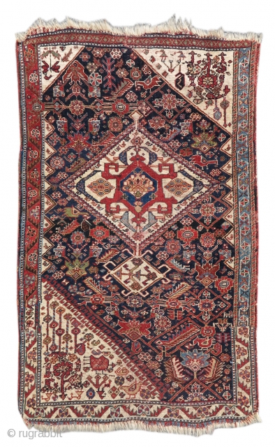 Qashqai Vagireh 
size= 2'7"×4'0" 
Inv# 17857
A 'vagireh,' or sampler, is a small rug containing multiple patterns utilized by weavers to make larger pieces. This Qashqai vagireh contains samples for three corner piece  ...