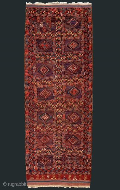 Exceptional Central Asian Amu Darya, "Bashir" carpet. Fantastic, wool, color, drawing and condition. A full repertoire of Turkmen ornament and iconography. Field panels are organized within an ornate developed system of borders  ...