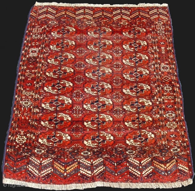 Tekke mat with tree elems. Vibrant yellow and green. Two reds. Glossy pile. Fine Tekke weave. Inv. #14696               