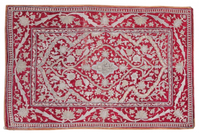 Persian metallic thread embroidery, probably Kashan, circa 1900, inscribed

size =  3'1"x4'5"
                     