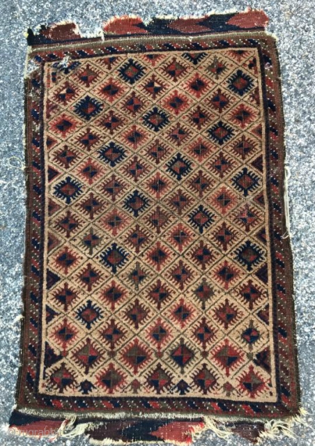 Camel-ground Baluch rug, simple geometric design but graphically very dynamic. Great wool, size is about 2'x3'. Excellent handle.               