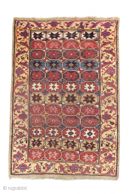 Kurd Bijar, late 19th cen. 3'1"x5'1"

This graphically excellent Bidjar rug combines two diverse design strains, a geometric field pattern with a classic Persian vine-scroll border. Boxes drawn in blue, aubergine, gold, and  ...