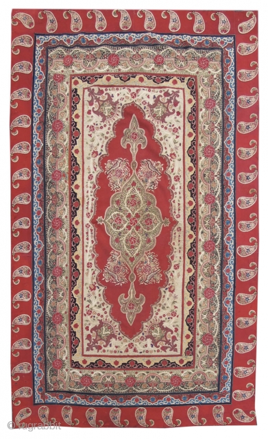 Persian Rasht Textile, late 19th cen. 4'3"x6'11".

Red and indigo felted, or rather “fulled”— tightly woven woolen textile sections—were pieced together to form the panel. Very fine appliqué work using this same material  ...