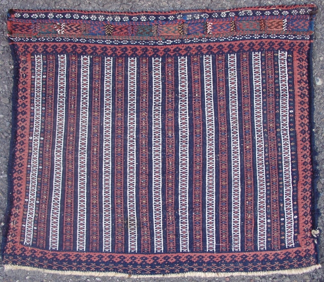 Flatwoven striped Afshar bagface woven with graphic "floating weft work" technique. Size = 1'10" x 2'2".  Inv. # 14820.             