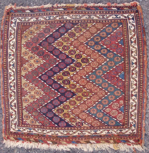 Colorful Afshar sumak bag with a zig-zag field, cotton whites. Size = 1'6" x 1'6". Inv. # 14823.               