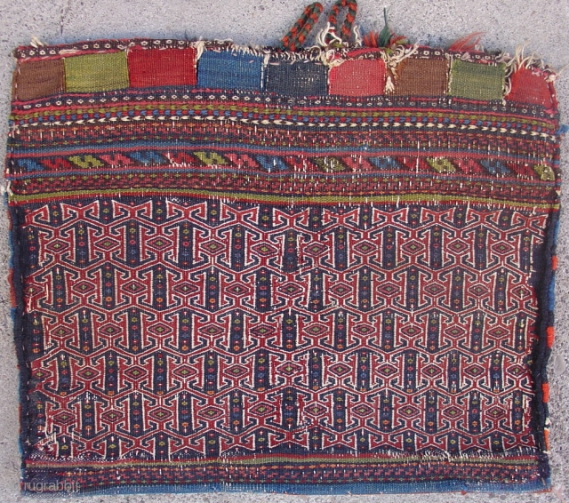 Flatwoven Afshar bag. Sharp natural colors. Very graphic with a zig-zag kilim back. circa 1880. Size = 1'3" x 1'6". Inv. # 14863.          