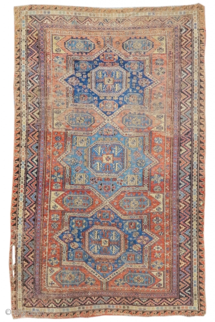 Caucasian sumak rug, worn but authentic. 5'10"x8'7"                          