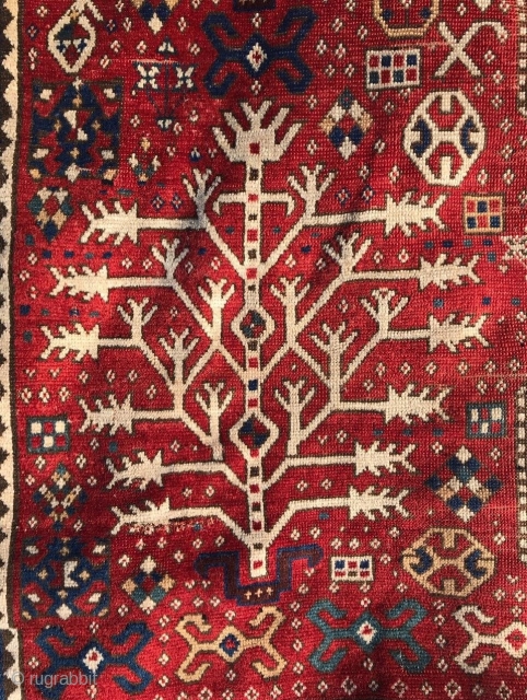 Tree Kazak, 3rd qtr  19th c. size= 4’11” x 6’5”

Collection of Dr. Timothy Mc Cormack

Original selvedges, original flat woven ends with traces of the supplementary decorative knots. Even wear with no  ...