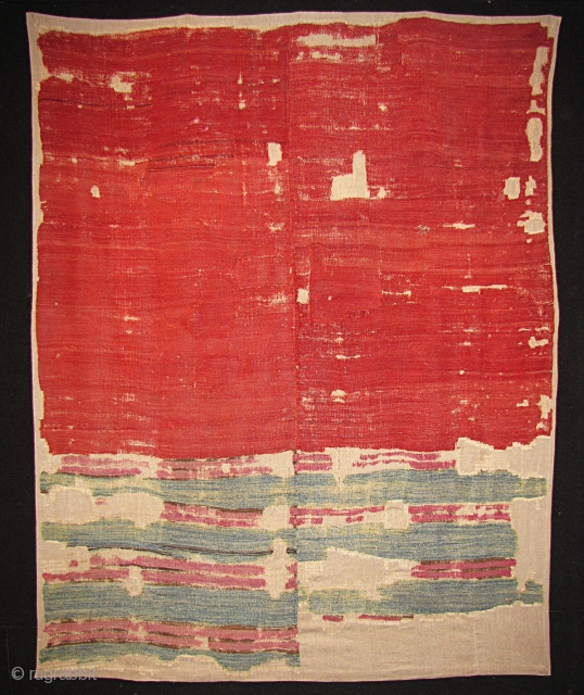 
Rothko-esque Sivas kilim fragment. 18th century. Approximately 5'6"x 6'6". Several patches in field from the same piece. Mounted.               