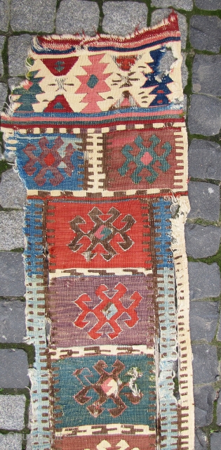 Early Hotamis kilim border fragment. 7'5"x1'3" (230x37cms.) Note the vestigial traces of the Turkoman design pool.                 