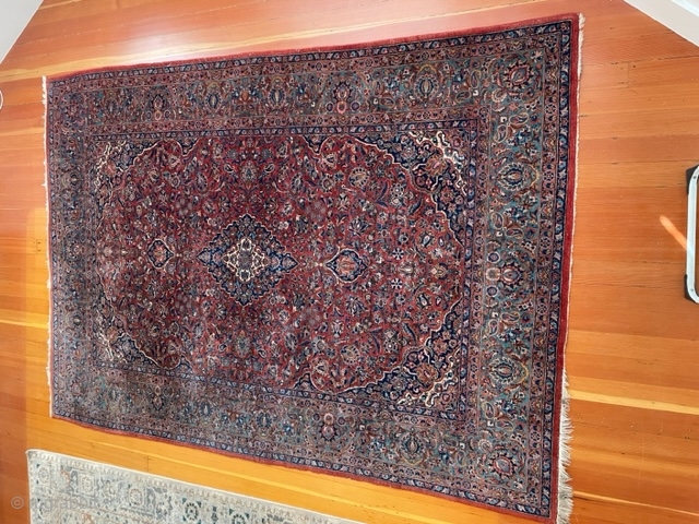 Antique Qazvin rug woven 1910-1920 
Size: 71" x 105"
Rust red field, Shah Abbas design with blue and white medallion. 
Condition: perfect
San Francisco Bay Area         