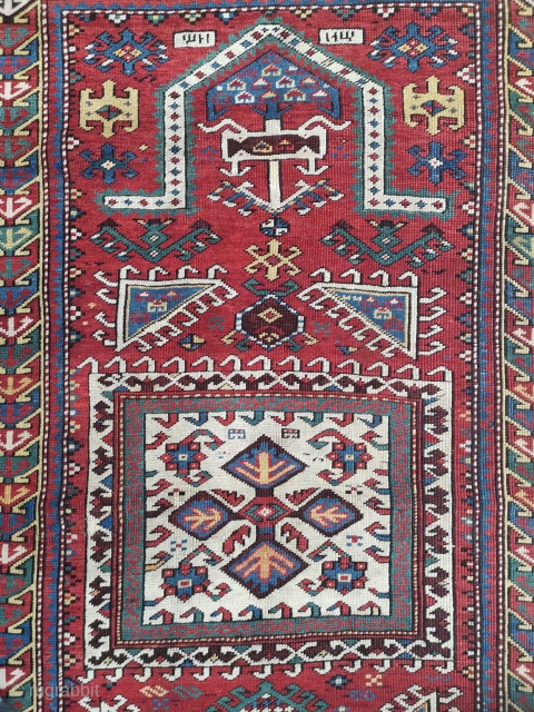 Fachralo Kazak prayer rug. Finely knotted, great colours with just a little re-piling.
173 x 107 5'8 x 3'6               