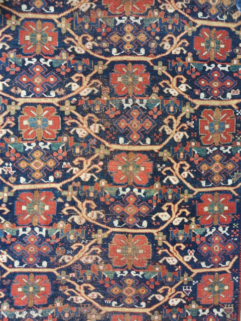 Colourful old Afshar with a great allover design. One of my favourite purchases this year. It is quite worn and the selvedges have been repaired, there is also a patch under a  ...