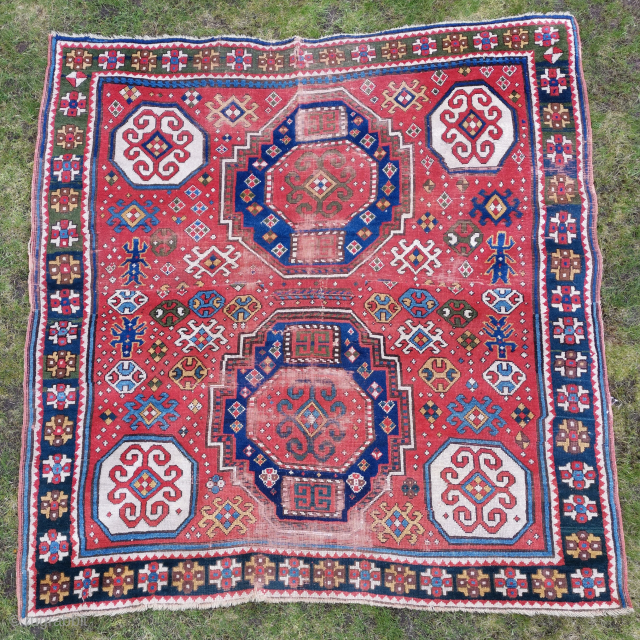 !9th C Lori Pambak with great colours
Note this has been reduced in size and rejoined down the middle, the join is well executed.
165 x 162cm        
