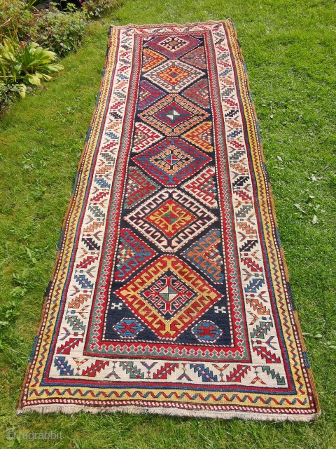 Shulaver Kazak 19thC Great colour with a floppy weave.
317 x 118 (10'5 x 3'10)                   