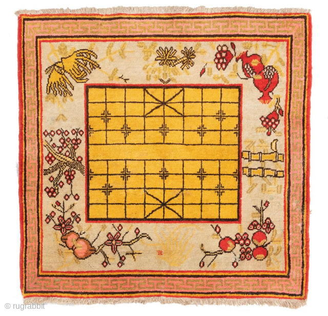 A SQUARE SEAT MAT WITH CHINESE CHESS BOARD FIELD PATTERN Xinjiang, East Turkestan, 1900 circa 86 x 88 cm From a German private collection, acquired before 1990. Well preserved.

artique11@yahoo.com    