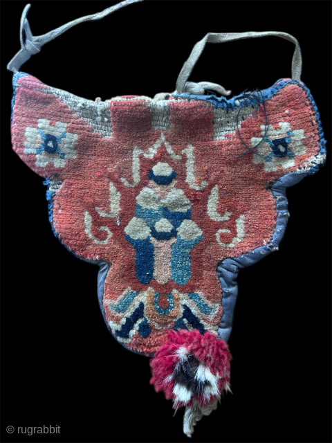 Tibetan Flaming jewel Tekeb with a pompom. Original leather straps still attached. 9" x 8"                  